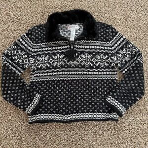 VTG Jones Wear Sport Womens L Fair Isle 1/4 Zip Pullover Sweater Faux Fur Collar